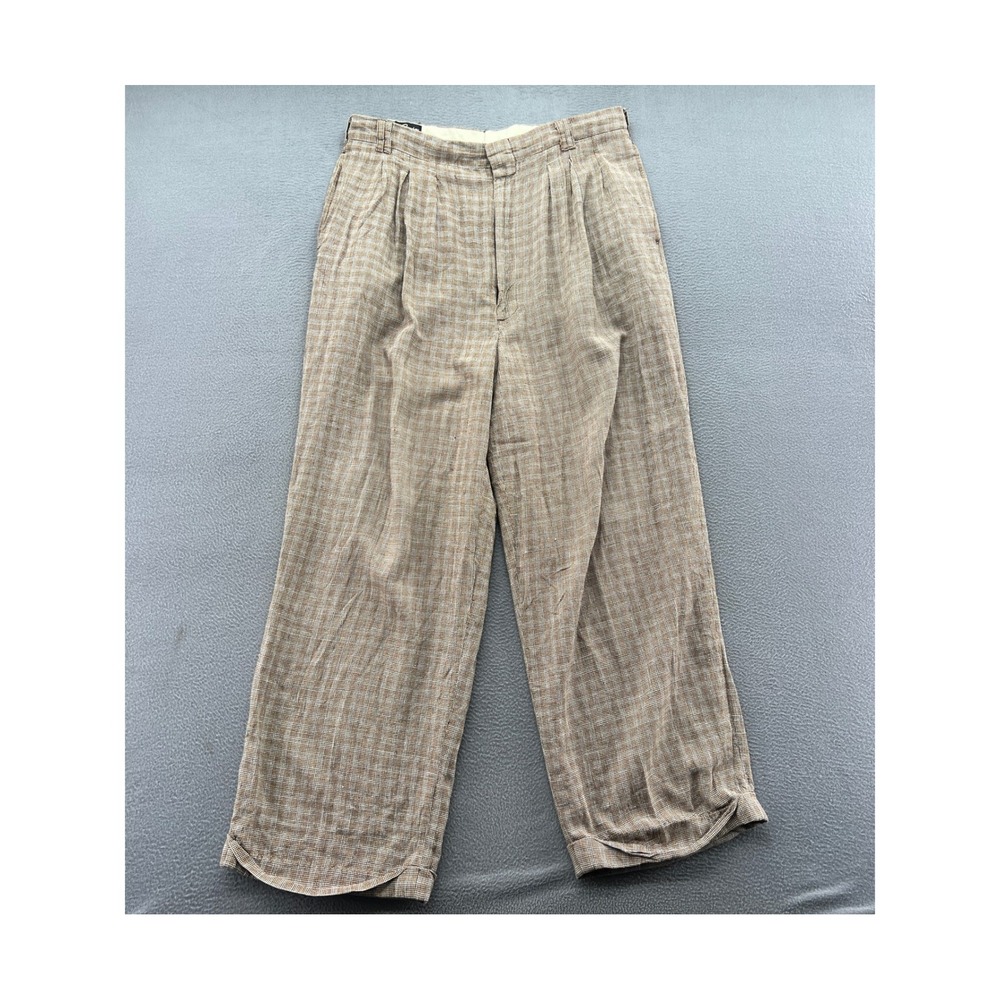 VTG Smokey Joes Pants Mens 34x28 Brown Houndstooth Pleated Cuffed Wide Leg